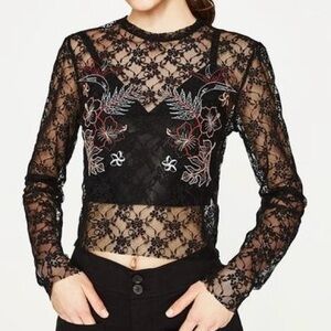 Zara Embroidered Flower & Leaf Detail Black Lace Cropped Top Women's Size S